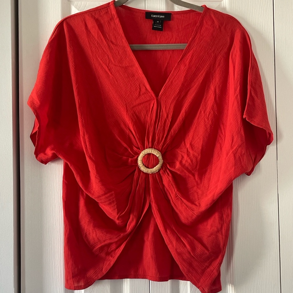 Karen Kane Gathered Front Blouse with Ring Accent